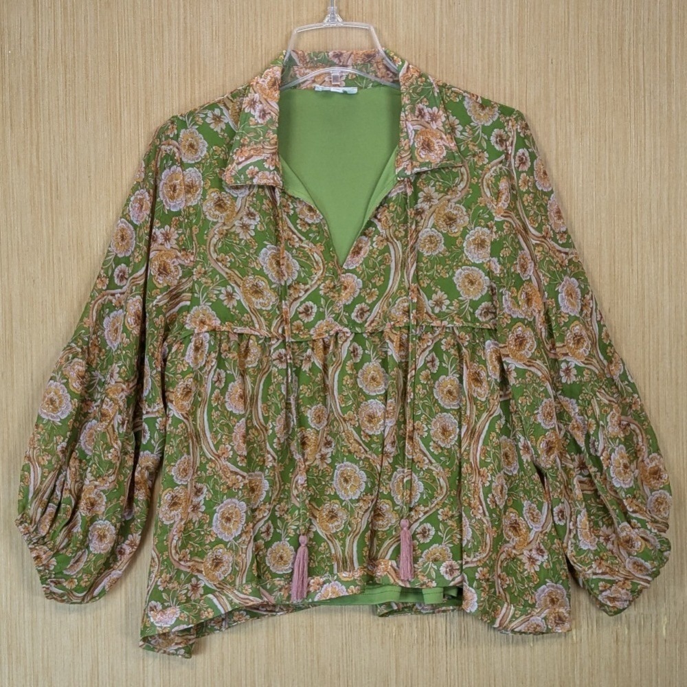&merci Womens Green Floral Paisley Babydoll Blouse Medium Boho Fairy Retro Flowy
